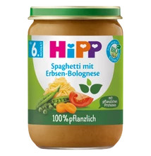 HiPP BIO spagetti paradicsomszószban borsóval és borsófehérjével bébiétel 6 hónapos kortól 190g