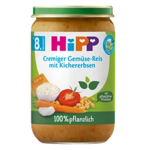 HiPP BIO zöldségek rizzsel, csicseriborsóval és borsófehérjével bébiétel 8 hónapos kortól 220g