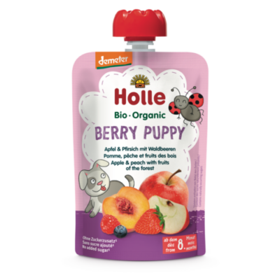 Holle Bio Berry Puppy - Tasak alma, őszibarack erdei gyümölcsökkel - Demeter 100g 8 hónapos kortól