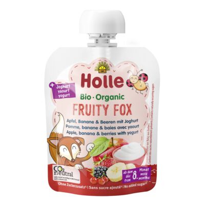 Holle Bio FRUITY FOX alma, banán-bogyós gyümölcsök joghurttal - Demeter 85g 8 hónapos kortól