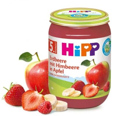 HiPP BIO Gyümölcspüré eper, málna, alma 5 hónapos kortól 190 g