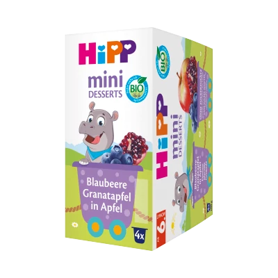 HiPP BIO gyümölcskészítmény áfonya-gránátalma bébidesszert 6 hónapos kortól 4 x 100g (400 g)