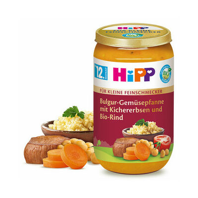 HiPP BIO Bulgur-serpenyős zöldségek Csicseriborsóval és Marhahússal 12 hónapos kortól 250g