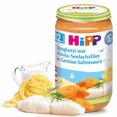 HiPP Spagetti alaszkai tőkehalfilével zöldséges-tejszínes szószban 12 hónapos kortól 250 g