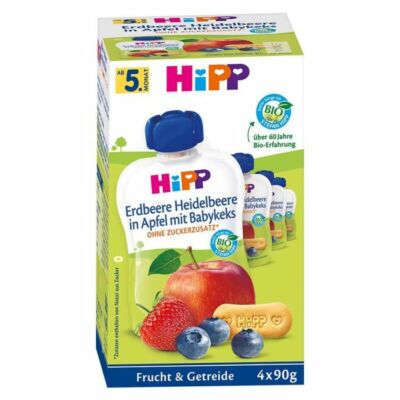 HiPP BIO Gyümölcspüré eper, áfonya, alma és keksz 360g (4x90g) 4 hónapos kortól