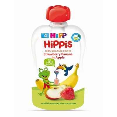 HiPP HiPPiS BIO Eper-banán almával gyümölcspép bébiétel 4 hónapos kortól 100g