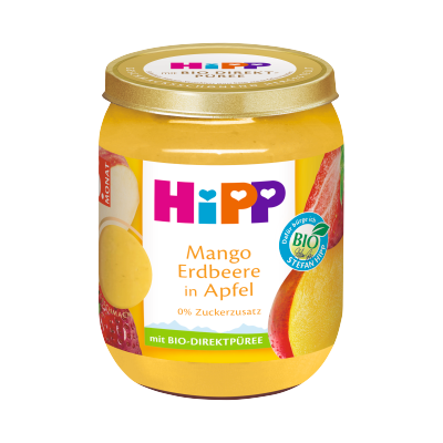HiPP BIO gyümölcskészítmény alma mangóval és eperrel bébidesszert 6 hónapos kortól 160g