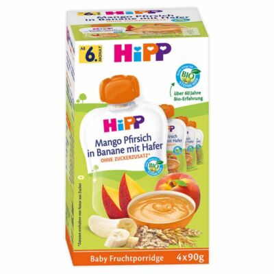 HiPP BIO Gyümölcs és gabona mangó, őszibarack, banán, zab 360g (4x90g) 6 hónapos kortól