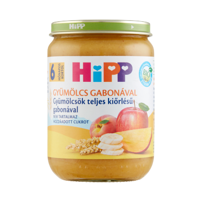 HiPP BIO Gyümölcs Gabonával ,Gyümölcsök teljes kiőrlésű gabonával bébiétel 6 hó 190g 