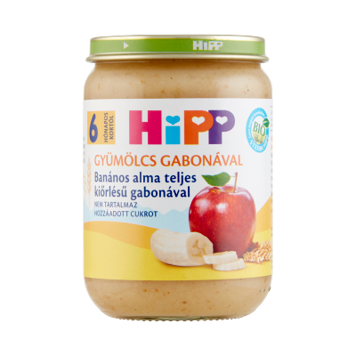 HiPP BIO Gyümölcs Gabonával, Banános alma teljes kiőrlésű gabonával bébiétel, 6 hónapos kortól 190g