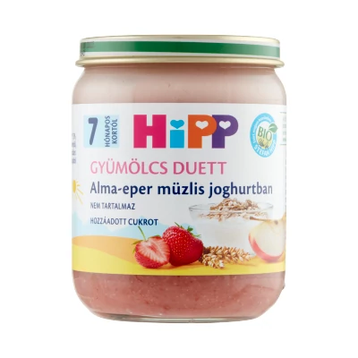 HiPP Gyümölcs Duett BIO alma-eper müzlis joghurtban bébidesszert 7 hónapos kortól 160g