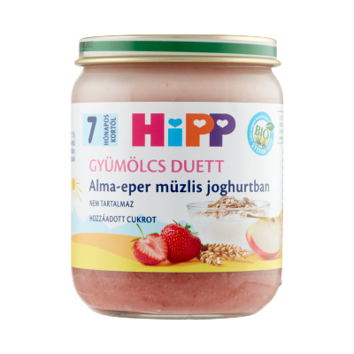 HiPP Gyümölcs Duett BIO alma-eper müzlis joghurtban bébidesszert 7 hónapos kortól 160g