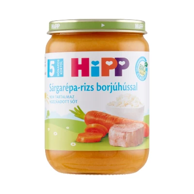 HiPP BIO sárgarépa-rizs borjúhússal bébiétel 5 hónapos kortól 190g