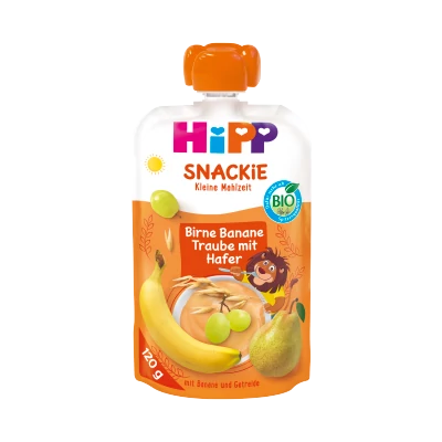 HiPP BIO Gyümölcspép körte, banán, szőlő 120g 1 éves kortól